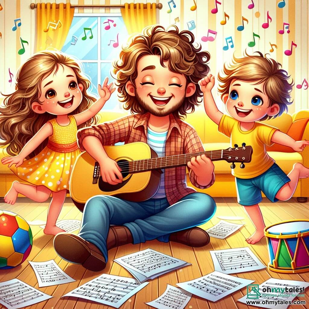 Une illustration sous forme de dessin destinée aux enfants représentant un charmant salon lumineux aux murs jaunes décorés de notes de musique, où un homme joyeux aux cheveux bouclés et à la barbe soignée joue de la guitare avec un grand sourire, tandis qu'une fille aux cheveux longs et brillants danse avec enthousiasme, et un garçon aux cheveux courts et ébouriffés bat joyeusement sur un tambour, tous trois partageant un moment de bonheur musical ensemble, entourés d'instruments colorés et de partitions éparpillées, illustrant l'esprit d'apprentissage et de camaraderie dans leur aventure musicale.