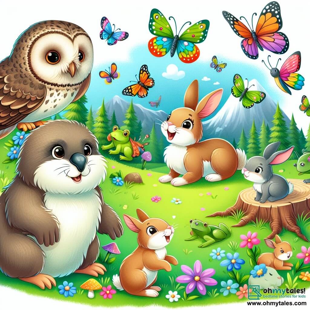 Une illustration destinée aux enfants représentant une marmotte curieuse, un hibou sage, et une clairière enchantée où dansent des papillons multicolores, des lapins espiègles et des grenouilles joyeuses.