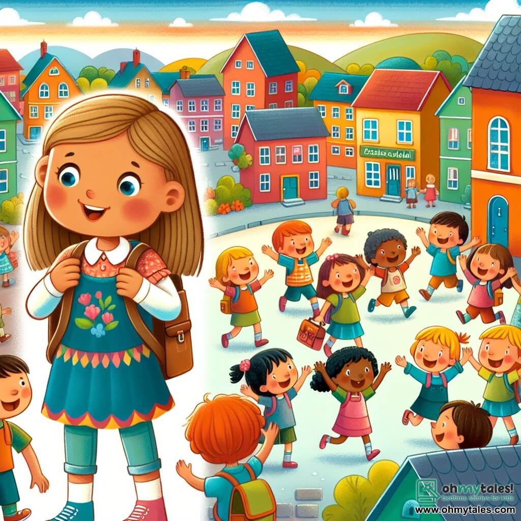 Une illustration destinée aux enfants représentant une jeune fille curieuse et aventurière, se faisant de nouveaux amis dans une école multiculturelle située au cœur d'un petit village coloré, où des enfants de toutes origines se rassemblent joyeusement pour célébrer leur diversité.