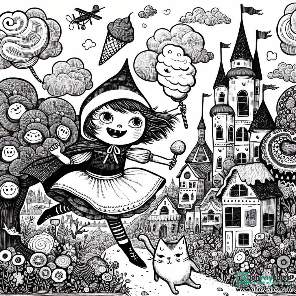 Une illustration destinée aux enfants représentant une fillette intrépide, accompagnée d'un chat volant, se retrouvant dans une ville où les arbres ont des visages souriants, les maisons sont en forme de glaces géantes et les nuages sont faits de barbe à papa, le tout dans une joyeuse cacophonie loufoque et absurde.
