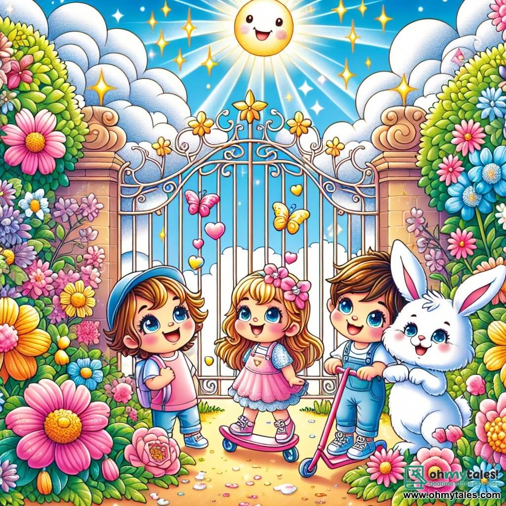 Illustration destinée aux enfants représentant un jardin enchanté, rempli de fleurs colorées dans des teintes de rose, bleu et jaune, avec des arbres aux feuilles scintillantes et un ciel ensoleillé parsemé de nuages moelleux. Au centre, un groupe de trois enfants de trois ans : une petite fille aux yeux pétillants et au chapeau bleu, un petit garçon souriant aux cheveux bruns, et un autre petit garçon sur un scooter, tous les trois en train de rire et de s'émerveiller devant un grand portail ancien orné d'étoiles brillantes. À leurs côtés, un adorable lapin aux grandes oreilles et au pelage duveteux, qui les regarde avec un sourire joyeux, les invitant à découvrir les merveilles du jardin. Des gouttes d'eau scintillantes flottent autour d'eux, symbolisant leur quête pour sauver les fleurs magiques.