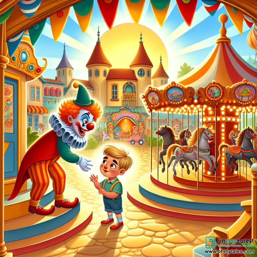 Une illustration destinée aux enfants représentant un garçon plein de curiosité et d'imagination, se retrouvant face à un clown malicieux lors du carnaval magique, qui se déroule dans une petite ville ensoleillée avec des décorations colorées et des manèges enchantés.