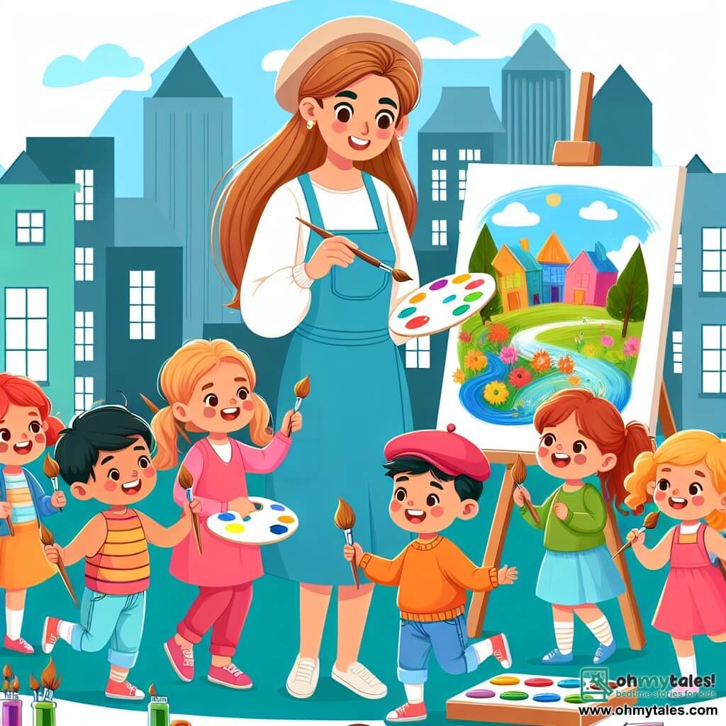 Une illustration destinée aux enfants représentant une artiste talentueuse, entourée d'enfants joyeux, peignant des paysages colorés dans son studio lumineux de la ville animée de Sparkleville.