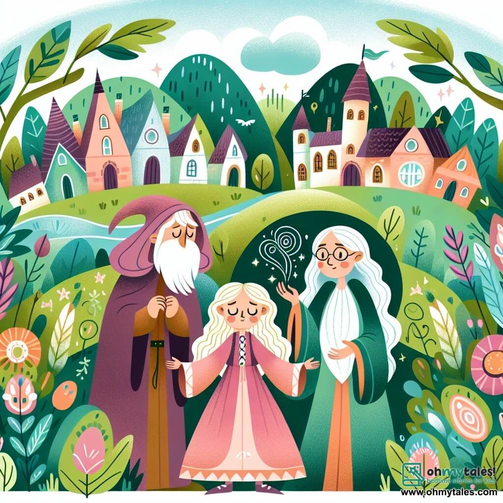 Une illustration destinée aux enfants représentant une jeune apprentie sorcière aux pouvoirs magiques exceptionnels, accompagnée de sa sage mentore, dans un village pittoresque entouré de collines verdoyantes, une forêt chuchotante et un jardin enchanté.