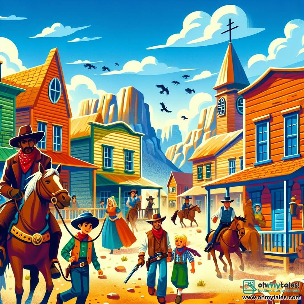 Une illustration destinée aux enfants représentant une courageuse cowgirl, une bande de hors-la-loi menaçante, un jeune garçon du nom de Tommy, dans la paisible ville de Dawn Valley, avec ses maisons en bois colorées, ses chevaux galopant dans les rues poussiéreuses, et ses habitants chaleureux.