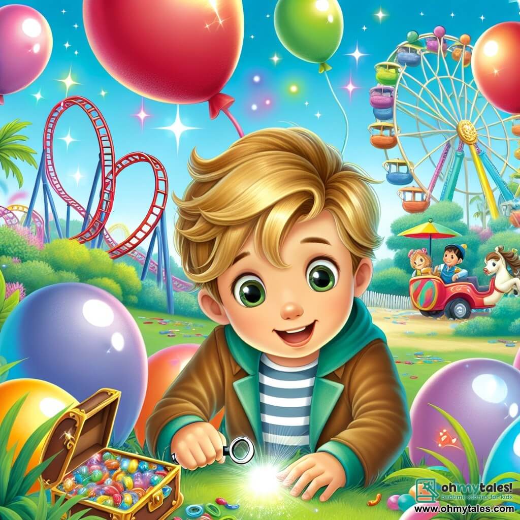 Une illustration destinée aux enfants représentant un jeune garçon plein de curiosité, entouré de ballons colorés, découvrant un trésor caché lors d'une fête d'anniversaire dans un parc d'aventures magique rempli de manèges étincelants et de rires joyeux.