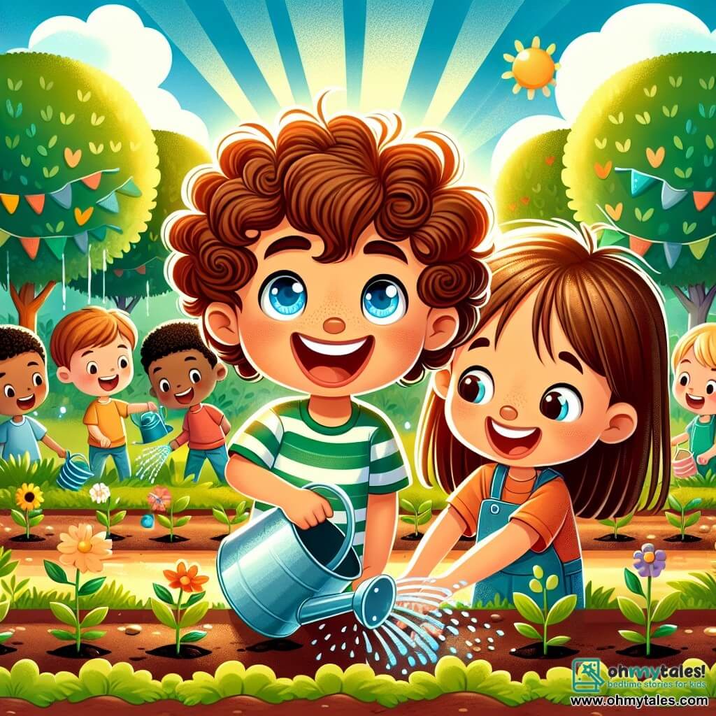 Une illustration sous forme de dessin destinée aux enfants représentant un jardin communautaire coloré et ensoleillé, où un garçon de 7 ans aux cheveux châtains bouclés et aux yeux bleus sourit joyeusement en plantant des graines dans la terre avec l'aide de sa meilleure amie, une fille aux longs cheveux bruns et aux yeux pétillants, tandis qu'un groupe d'enfants autour d'eux s'amuse à arroser les plantes, illustrant l'esprit d'inclusion et de camaraderie dans un environnement chaleureux et accueillant.