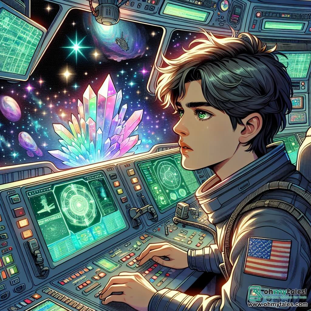 Une illustration sous forme de dessin destinée aux enfants représentant l'intérieur d'un vaisseau spatial futuriste, avec des panneaux de contrôle lumineux et des écrans affichant des données cosmiques, où un jeune homme aux cheveux bruns en désordre et aux yeux verts brillants, portant une combinaison spatiale, travaille avec concentration sur un tableau de bord, tandis qu'une femme au regard déterminé, avec des cheveux noirs en queue de cheval et un uniforme de commandement, surveille les instruments, alors qu'une mystérieuse structure cristalline flottante, émettant des lumières colorées, pulse doucement au centre de la pièce, symbolisant la découverte d'un savoir ancien et l'urgence d'une mission d'exploration spatiale.