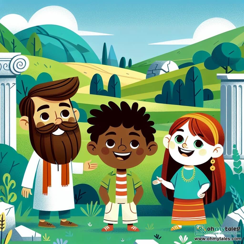 Une illustration destinée aux enfants représentant un homme barbu et souriant, un garçon espiègle et une fille aux cheveux rouges, tous ensemble dans des ruines anciennes entourées de collines verdoyantes et de forêts luxuriantes.