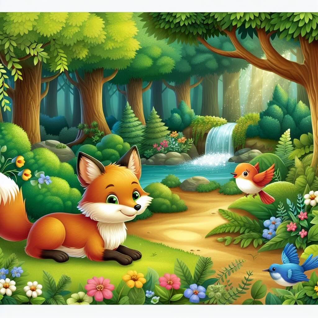 Une illustration destinée aux enfants représentant un renard rusé, se trouvant dans une forêt dense, accompagné d'un adorable petit oiseau, dans un décor enchanteur avec des arbres majestueux, des fleurs colorées et un ruisseau scintillant.