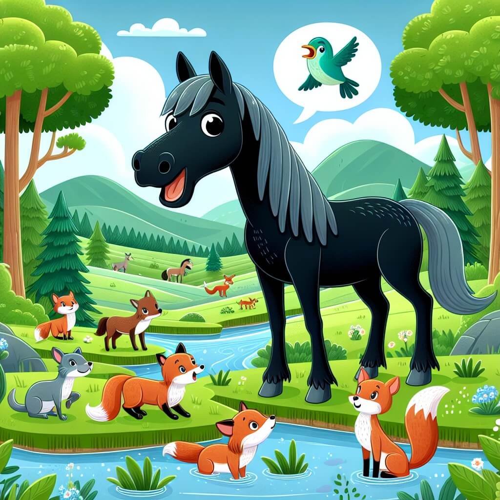Une illustration destinée aux enfants représentant un majestueux cheval noir, doté de la capacité de parler, qui se trouve au cœur d'une magnifique prairie entourée d'arbres verdoyants et de ruisseaux scintillants, tandis qu'il aide les autres animaux à résoudre un problème avec des renards espiègles.