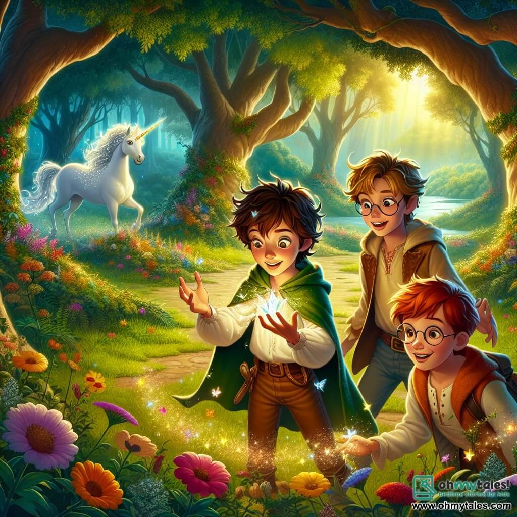 An illustration depicts a magical scene in an enchanted clearing at the heart of a lush forest. Majestic trees with thick trunks and vibrant green leaves create a natural frame, while a soft golden light filters through the foliage, illuminating colorful flowers that dance in the breeze. In the center of the clearing, a 10-year-old boy with messy brown hair and sparkling eyes holds a shimmering crystal in his hands, his face glowing with wonder. Beside him, another 10-year-old boy with red hair and a mischievous smile gazes at the crystal in fascination. A slightly younger boy, wearing round glasses and with brown hair, observes intently, his face marked by concentration. The main scene shows the three friends discovering the magical crystal, a symbol of their quest to restore the forest's magic. In the background, a magnificent white unicorn with a silver mane that sparkles like stars watches them kindly, adding a touch of mystery and enchantment to the scene. Colorful butterflies flutter around them, and a sparkling stream winds through the clearing, creating a dreamy and adventurous atmosphere.