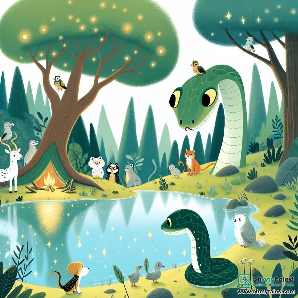 Une illustration destinée aux enfants représentant un serpent curieux et aventurier, accompagné d'amis animaux, explorant un mystérieux lac enchanté au cœur d'une forêt magique, où les arbres sont immenses et majestueux, les eaux scintillantes et les animaux parlent entre eux dans une harmonie parfaite.