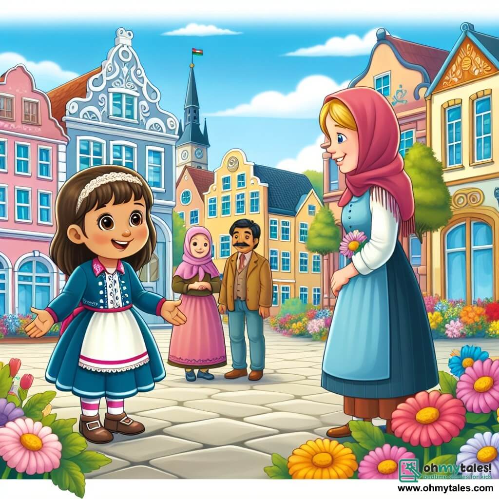 Une illustration destinée aux enfants représentant une jeune fille curieuse et souriante, faisant la rencontre d'une famille étrangère dans une petite ville pittoresque, où les maisons colorées bordent une place animée de fleurs et d'arbres majestueux.