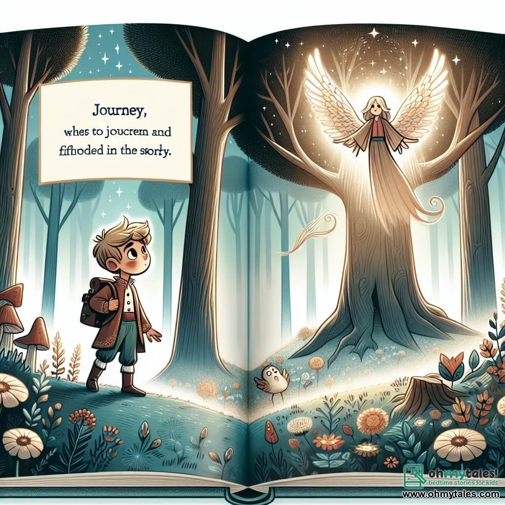 Une illustration destinée aux enfants représentant un jeune garçon curieux, se tenant au bord d'une forêt enchantée où les arbres s'élèvent majestueusement vers le ciel, tandis qu'un mystérieux être ailé nommé Flutter l'invite à un voyage rempli de sagesse et de découvertes.