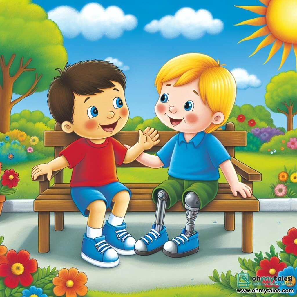 Une illustration destinée aux enfants représentant un jeune garçon souriant, portant des baskets bleues et un t-shirt rouge, qui partage un moment de joie avec son nouvel ami, un garçon aux cheveux blonds et aux jambes fragiles, assis sur un banc dans un parc ensoleillé et coloré, entouré de fleurs et d'arbres verdoyants.