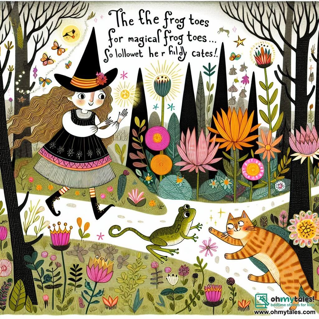 Une illustration destinée aux enfants représentant une sorcière farfelue, en quête de frog toes magiques, accompagnée d'un chat espiègle, dans une forêt enchantée remplie de fleurs lumineuses et d'arbres aux branches tordues.