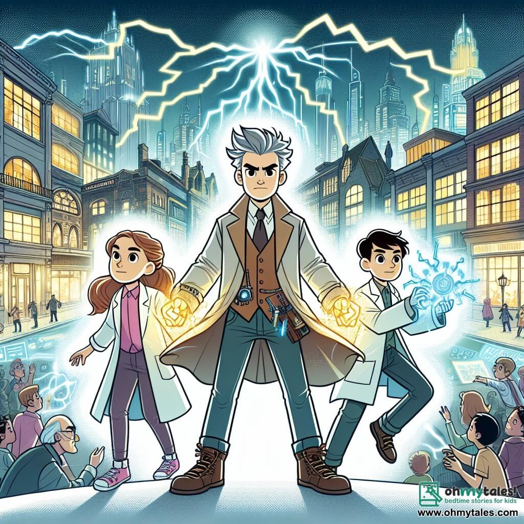 Une illustration destinée aux enfants représentant un jeune homme doté de pouvoirs extraordinaires, accompagné de ses fidèles amis, une fille brillante inventrice et un garçon loyal, luttant contre un méchant scientifique dans la ville animée de la Vallée de l'Éclair, où les éclairs illuminent le ciel et les rues scintillent de technologie futuriste.
