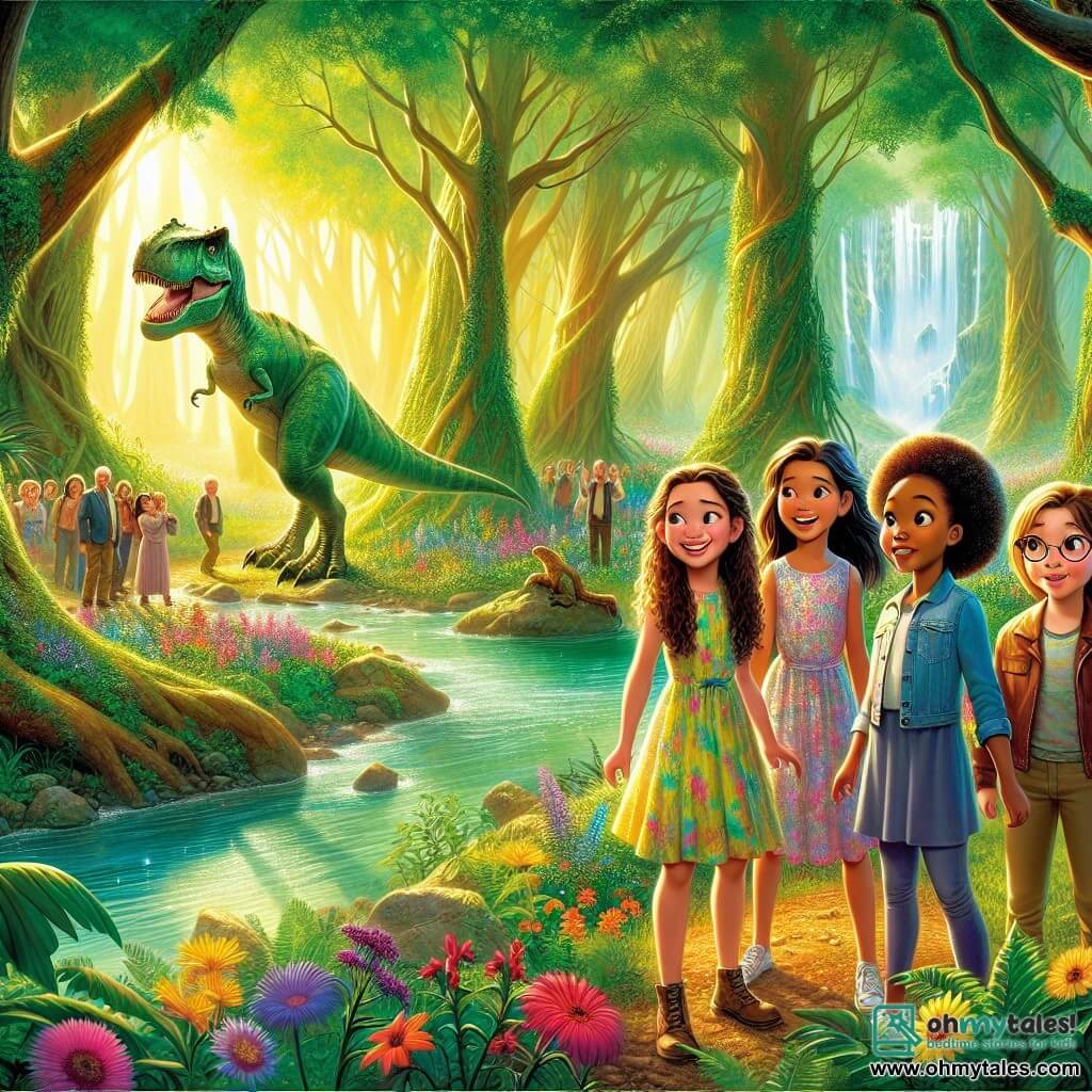 An illustration depicts a magical scene in a lush forest, where tall trees with thick trunks reach towards the sky, their bright green leaves filtering sunlight. In the center, a group of four girls around 10 years old, each with distinct features: one has long curly brown hair and wears a colorful dress, smiling excitedly; another has straight blonde hair, looking around with curiosity; the third has short black hair and appears a bit worried, while the last girl, with round glasses and chestnut hair, shows a determined expression. They stand near a sparkling river, surrounded by colorful flowers, gazing in awe at a huge T-Rex dinosaur a few meters away, which looks curious yet imposing. In the background, the entrance to a sparkling cave filled with shining crystals reflecting vivid colors can be seen. The atmosphere is both thrilling and magical, capturing the moment the girls discover a prehistoric world while preparing for an unforgettable adventure.