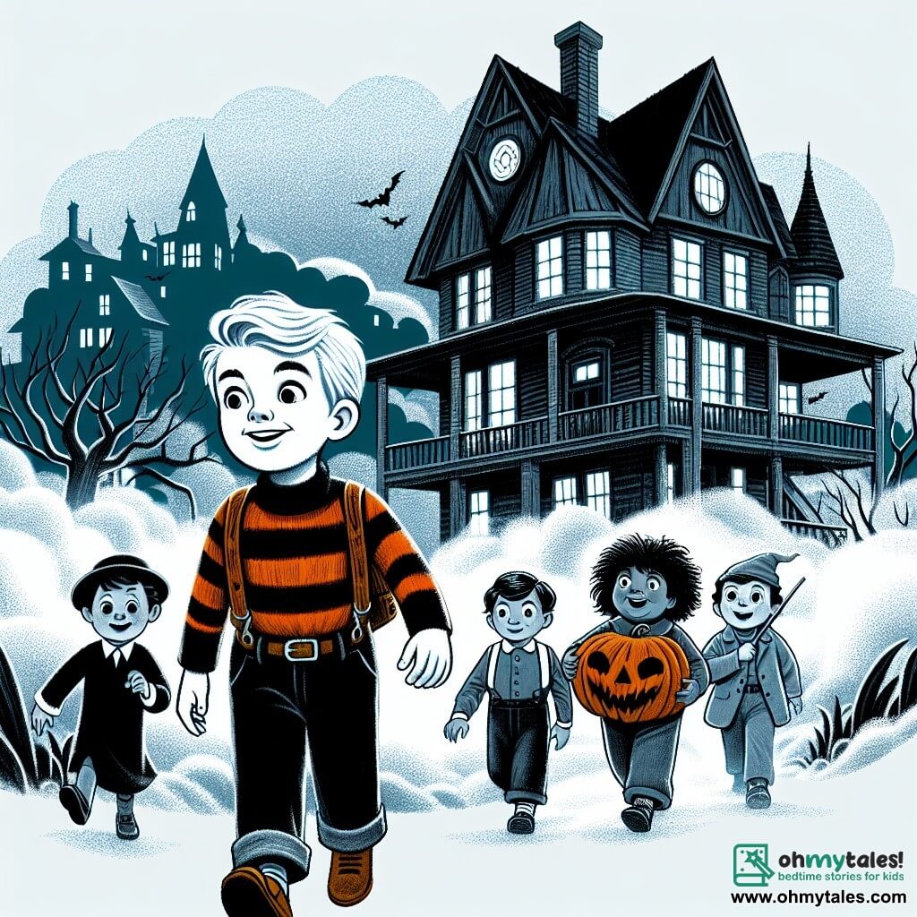 Une illustration destinée aux enfants représentant un jeune garçon déguisé en monstre effrayant, suivi de ses amis, explorant une mystérieuse maison hantée entourée d'une épaisse brume dans la petite ville de Pumpkinville.
