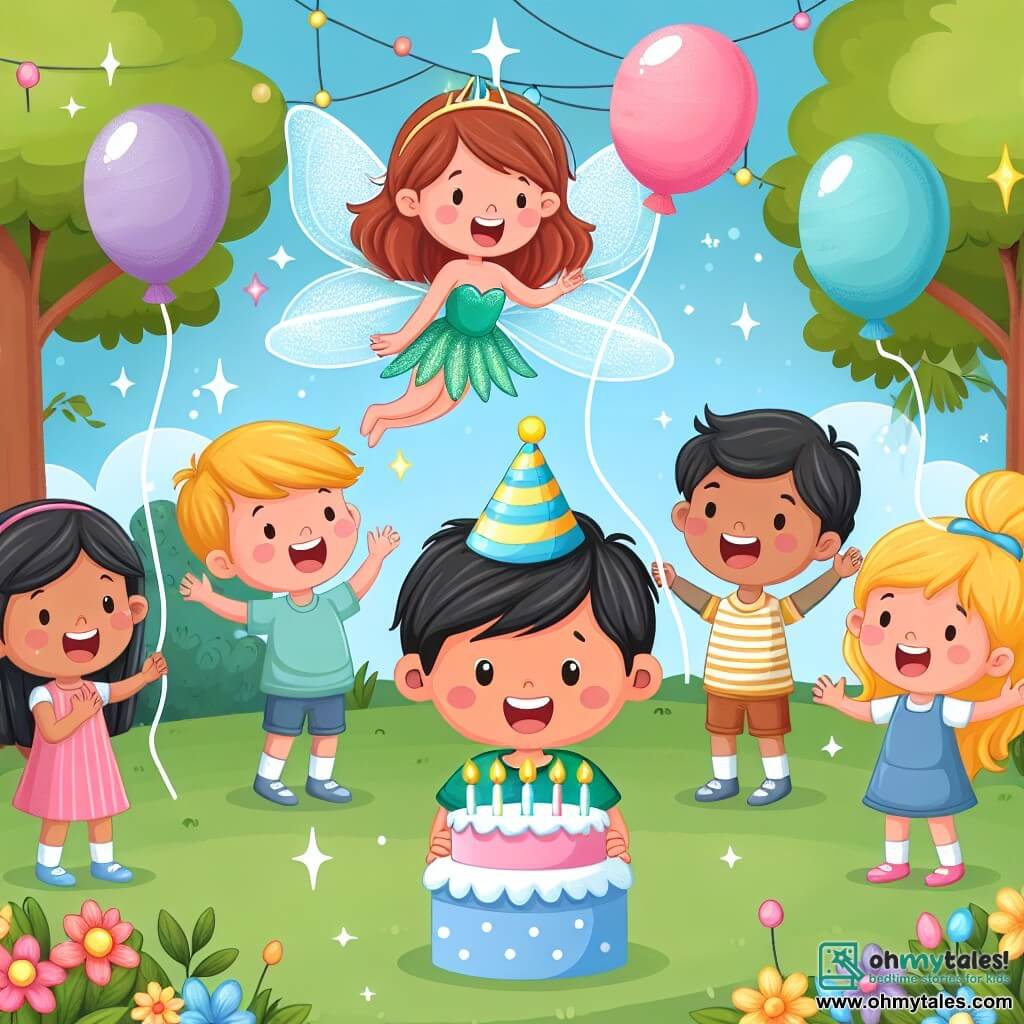 Une illustration destinée aux enfants représentant un garçon joyeux fêtant son anniversaire avec ses amis dans un jardin enchanté rempli de ballons colorés, en compagnie d'une fée étincelante.