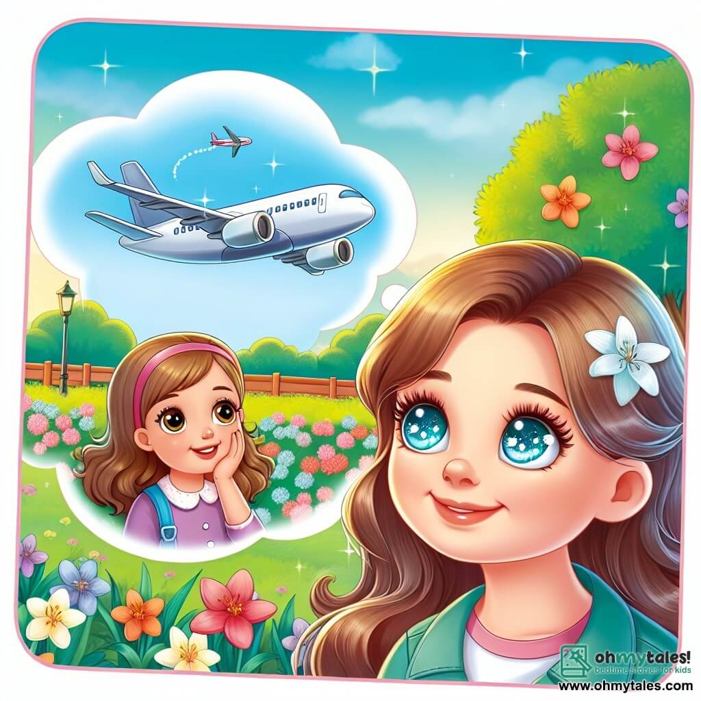 Une illustration destinée aux enfants représentant une jeune femme au regard étincelant, rêvant de devenir pilote d'avion, accompagnée de son amie Lily, observant avec admiration un avion survolant un parc verdoyant parsemé de fleurs colorées.
