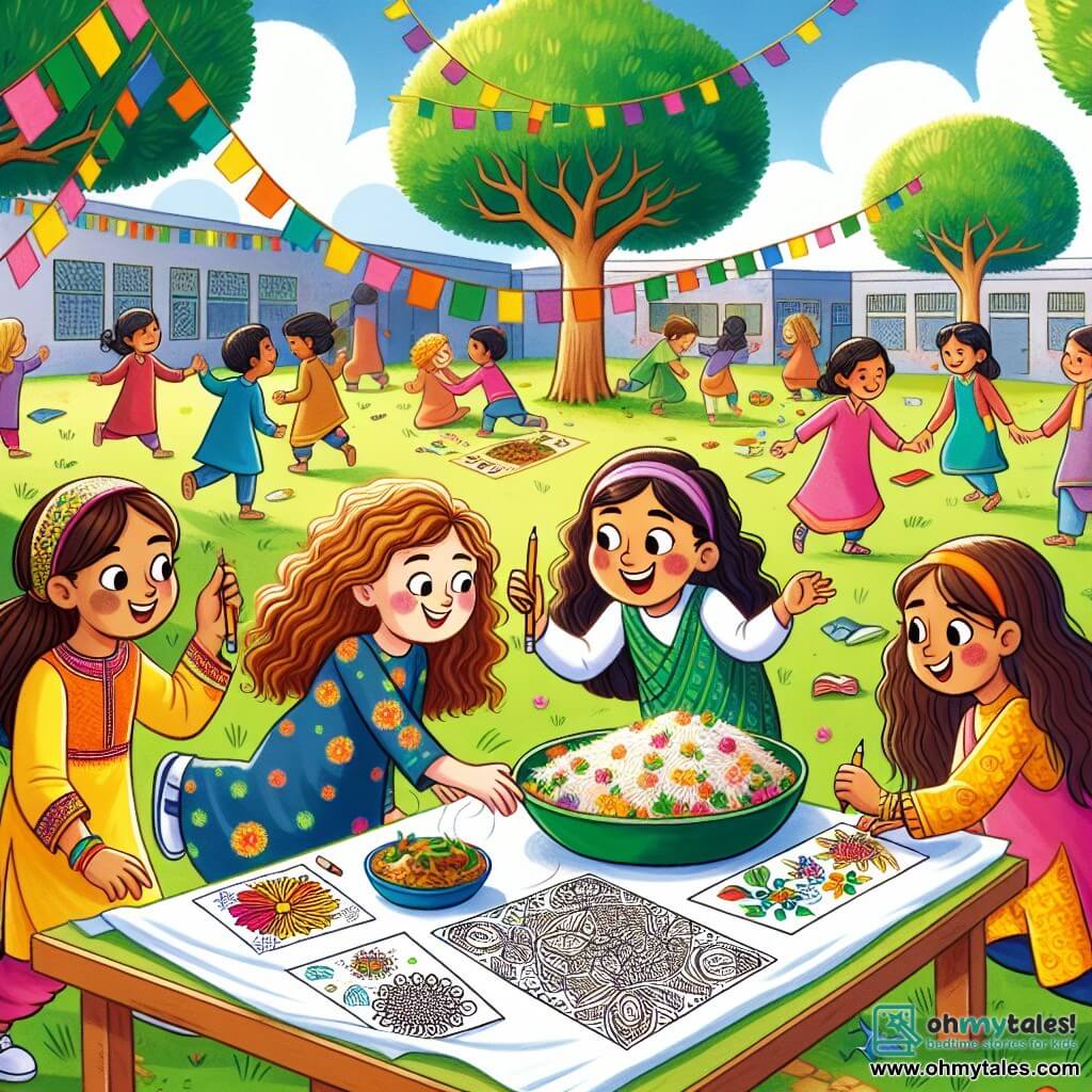 An illustration depicting a vibrant scene in a sunny schoolyard, surrounded by tall trees with bright green leaves and colorful play equipment. In the center, a group of four girls, all about nine years old, are gathered around a table decorated with drawings and traditional dishes. One girl with long brown hair and fair skin smiles joyfully while holding a crayon, ready to draw floral patterns. Next to her, a girl with curly dark hair and brown skin proudly shows a plate of biryani, her eyes sparkling with happiness. The other two girls, one with blonde hair and fair skin and the other with brown hair and slightly tanned skin, lean in to admire the ongoing drawing, sharing laughter and excitement. The main scene shows the girls celebrating their cultural differences, exchanging dishes and drawings, symbolizing friendship and tolerance. In the background, other children play together, and colorful banners flutter in the wind, adding a festive atmosphere to this scene of camaraderie and acceptance.