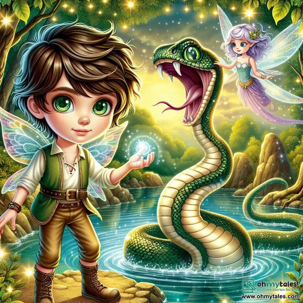 Une illustration sous forme de dessin destinée aux enfants représentant une scène magique dans la forêt enchantée de Whispering Woods, où un garçon de 11 ans avec des cheveux châtain en bataille et des yeux verts pétillants se tient courageusement au bord d'un lac scintillant, tenant un gemme lumineux dans sa main, tandis qu'une petite fée aux ailes scintillantes, avec des cheveux lavande et des yeux brillants, vole à ses côtés, et un serpent d'eau majestueux, aux écailles brillantes comme des joyaux, se dresse à la surface de l'eau, prêt à poser une énigme, le tout baigné dans une lumière dorée filtrée à travers les feuilles des arbres.