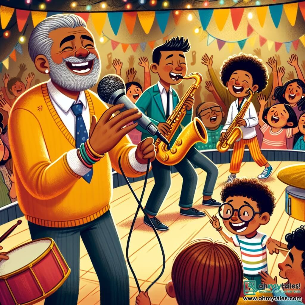 Une illustration sous forme de dessin destinée aux enfants représentant l'intérieur chaleureux et coloré d'un petit club de jazz, avec un homme de taille moyenne, au visage rond et aux cheveux argentés, portant une chemise jaune éclatante, chantant avec passion au microphone sur scène, tandis qu'une jeune fille aux cheveux bouclés et à la saxophone doré l'accompagne, et un garçon aux cheveux bruns et aux lunettes, jouant joyeusement sur une batterie en arrière-plan, tous trois partageant un moment de musique et de joie, entourés d'un public enthousiaste qui applaudit et danse au rythme de la mélodie.