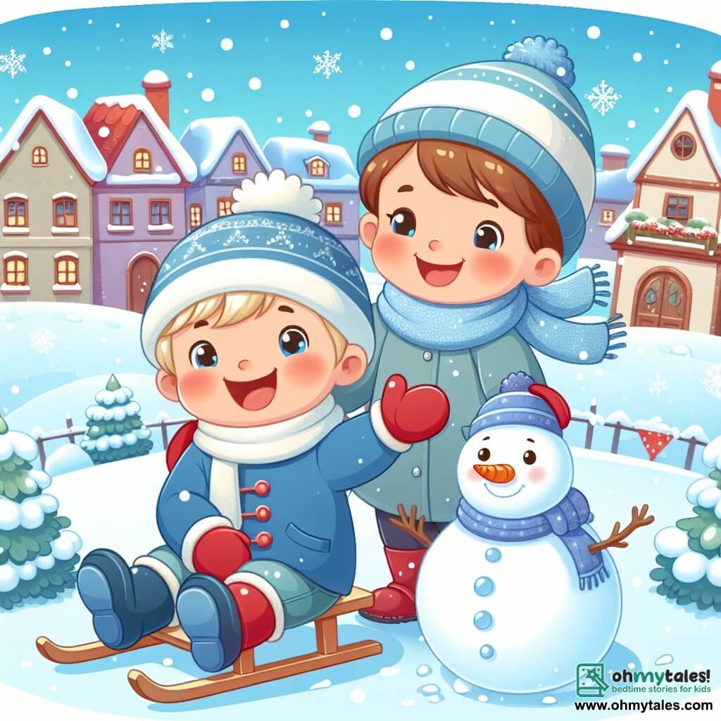Une illustration sous forme de dessin destinée aux enfants représentant un village enneigé avec des maisons aux toits recouverts de neige, un petit garçon de deux ans aux cheveux blonds, portant un manteau bleu et des gants rouges, riant joyeusement en glissant sur une luge, tandis que sa maman, une femme aux cheveux bruns et au sourire chaleureux, l'encourage en se tenant à côté d'une grande boule de neige qu'ils ont façonnée ensemble pour créer un bonhomme de neige, le tout sous un ciel bleu clair parsemé de flocons de neige scintillants.