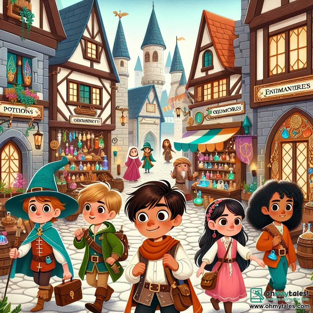 Une illustration destinée aux enfants représentant un jeune sorcier intrépide, accompagné de ses amis, explorant un village magique aux ruelles pavées de pierres enchantées, bordées de boutiques colorées vendant des potions, des grimoires et des objets magiques.