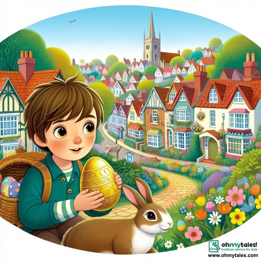 Une illustration destinée aux enfants représentant un garçon aux yeux pétillants, à la recherche de l'œuf d'or lors d'une chasse aux œufs de Pâques, accompagné de son lapin de compagnie, dans la pittoresque ville de Willowbrook aux rues bordées de fleurs colorées et de maisons aux toits en pente.