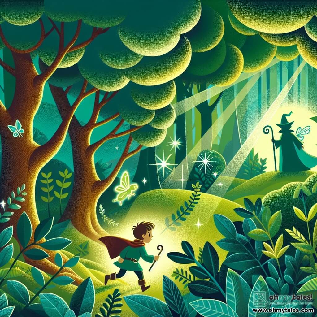 Une illustration destinée aux enfants représentant un garçon intrépide découvrant un mystérieux trésor avec l'aide d'un sage sorcier, dans une forêt enchantée aux arbres touffus et aux fées lumineuses, où le soleil filtre à travers les feuilles émeraude.