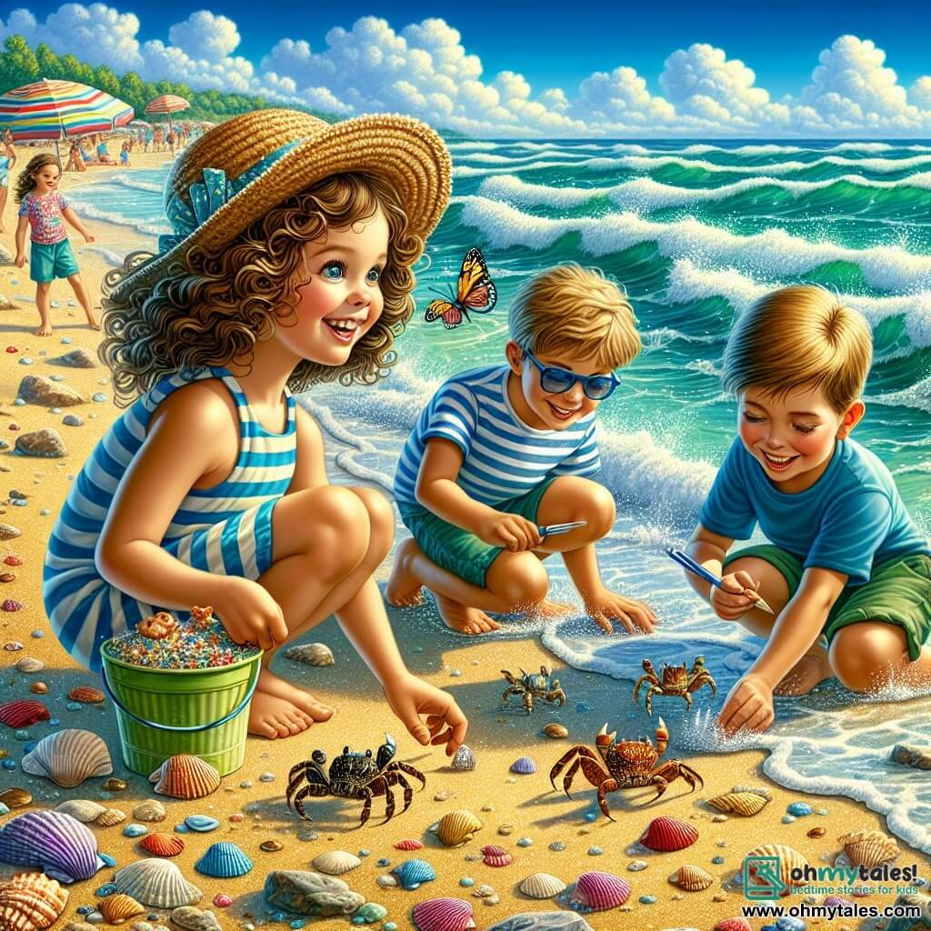 An illustration depicting a lively scene on a sunny beach, where golden sand stretches as far as the eye can see, dotted with colorful seashells and small rocks. In the background, turquoise waves gently crash on the shore, while multicolored umbrellas stand tall, providing shade for families enjoying themselves. In the foreground, an 11-year-old girl with curly brown hair and sparkling curious eyes crouches near a small tide pool. She wears a striped swimsuit and a straw hat, attentively observing a small crab scuttling between the stones. Her face expresses wonder and joy at the discovery. Next to her, two boys around 10 years old, one with blonde hair and sunglasses, and the other with brown hair and a cap, are also captivated by the marine creatures. The first holds a plastic bucket, ready to catch a crab, while the second takes notes in a small notebook, fascinated by their observations together. The main scene shows these young friends exploring, sharing laughter and discoveries, surrounded by the beauty of nature. Seagulls fly above them, and children play in the distance, adding a lively touch to this joyful summer scene.