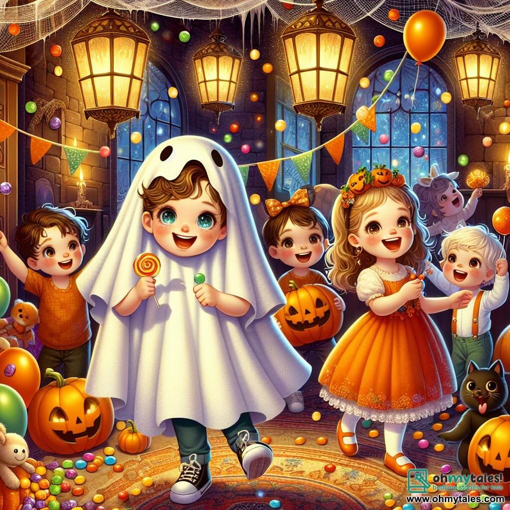 An illustration depicting a magical Halloween scene inside an old haunted house. The walls are covered with cobwebs and colorful decorations, with flickering lanterns casting a golden light. In the center of the room, a 3-year-old boy with curly hair and sparkling eyes smiles while holding a candy. He wears a little ghost costume made of a white sheet with eye holes and dances joyfully. Next to him, a 3-year-old girl with long brown hair, dressed in an orange dress and a pumpkin headband, laughs as she throws candy in the air. A 3-year-old boy with blond hair and rosy cheeks stands beside them, holding a black cat plush toy, with a big smile on his face. The atmosphere is cheerful and festive, filled with colorful candies scattered on the floor and floating balloons, creating a Halloween party vibe full of laughter and friendship.
