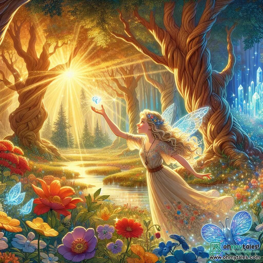 The illustration depicts a magical scene in a sunlit glade at the heart of an enchanted forest. Majestic trees with thick, gnarled trunks rise towards the sky, their shiny leaves sparkling like emeralds in the sunlight. Colorful flowers with bright red, blue, and yellow petals dance gently in the breeze, while a crystal-clear stream winds through the landscape, reflecting the golden light. 

In the center of this scene stands a brave young woman with long golden hair cascading over her shoulders. She wears a light dress adorned with floral patterns that seems to float around her. Her face is lit by a determined smile, and her eyes shine with a glimmer of hope. She reaches out toward a sparkling crystal floating before her, surrounded by a soft light.

Beside her, a small fairy with shimmering wings, about ten years old, flies enthusiastically. She has silver hair and wears a dress made of flower petals. Her eyes sparkle with mischief as she points to the crystal, encouraging the young woman to seize it.

The main focus shows the young woman ready to confront the evil witch, with a look of bravery on her face while the fairy encourages her. In the background, dark shadows loom, representing the witch's threat, adding a touch of tension to this enchanted scene. Glimmers of light emanate from the crystal, illuminating the glade and symbolizing the magic and hope that fill the air.