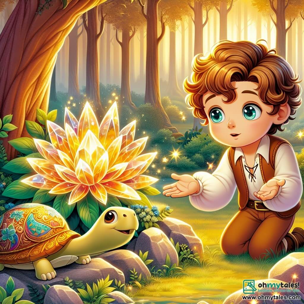 Une illustration sous forme de dessin destinée aux enfants représentant une clairière enchantée dans la forêt dorée, où un jeune garçon aux cheveux bouclés couleur châtaigne et aux yeux pétillants de bleu se penche avec émerveillement vers une magnifique fleur cristalline qui brille d'une lumière dorée, tandis qu'une tortue amicale à la carapace ornée de motifs colorés l'observe avec curiosité, le tout baigné dans une lumière douce et magique, évoquant l'esprit d'aventure et de camaraderie dans un monde de fantasy mythique.