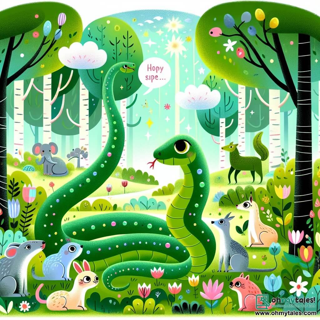 Une illustration destinée aux enfants représentant un serpent curieux aux écailles émeraude, qui se retrouve perdu dans une forêt enchantée, accompagné d'animaux parlants, tous vivant dans une végétation luxuriante où les arbres se dressent majestueusement et les fleurs éclatent de couleurs vives et chatoyantes.