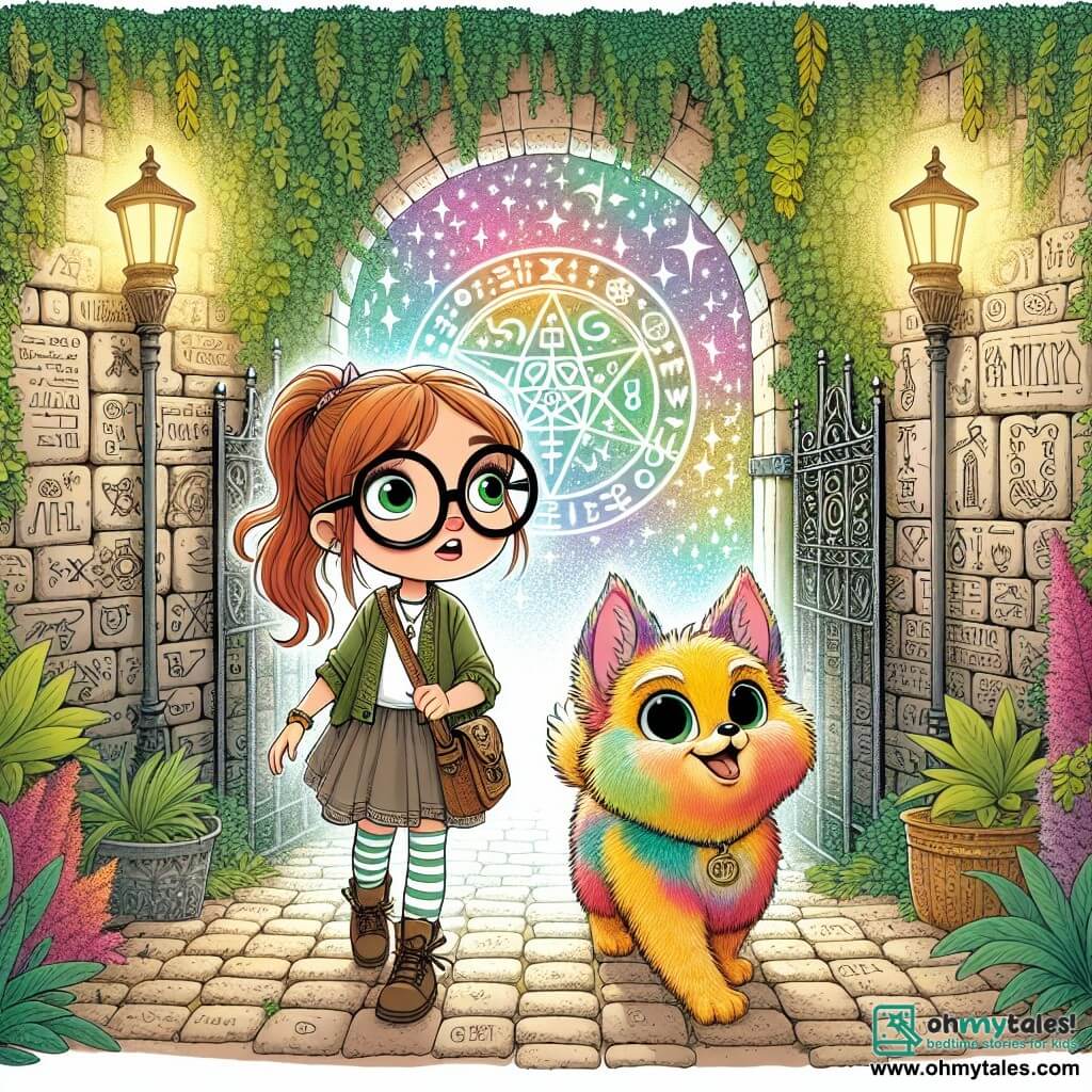 Une illustration sous forme de dessin destinée aux enfants représentant une ruelle magique, ornée de murs couverts de lianes et de symboles anciens, où une fille de 11 ans aux cheveux auburn en queue de cheval et portant des lunettes surdimensionnées explore avec émerveillement, accompagnée de son petit compagnon à fourrure, un animal coloré aux yeux ronds qui l'encourage, alors qu'ils découvrent un portail scintillant menant à un monde fantastique, illustrant l'esprit d'aventure et de curiosité qui les anime.