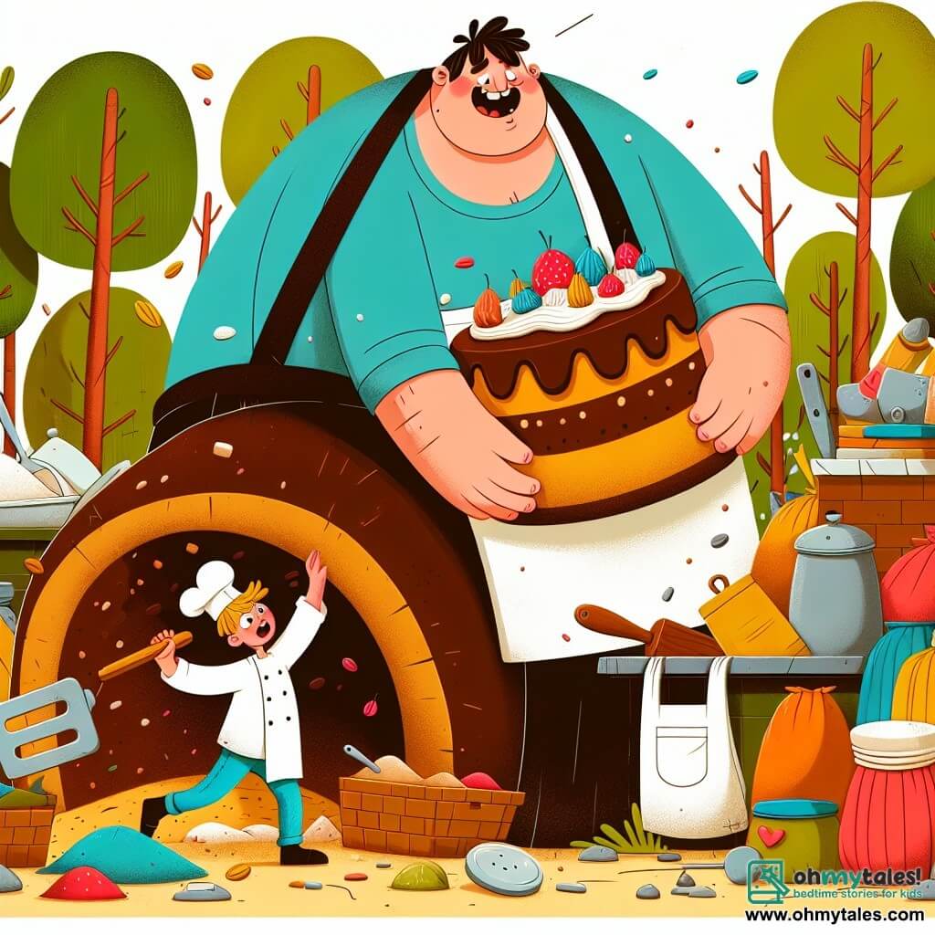 Une illustration destinée aux enfants représentant un géant maladroit tentant de cuisiner un énorme gâteau, accompagné d'un garçon boulanger, dans une cuisine chaotique remplie d'ustensiles géants et de sacs de farine colorés, située dans une forêt enchantée aux arbres qui semblent s'incliner devant le géant.