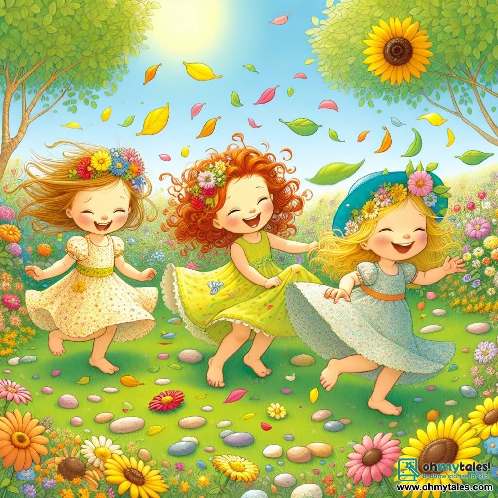 Illustration destinée aux enfants représentant un jardin ensoleillé, rempli de fleurs colorées et d'arbres aux feuilles vertes, où trois enfants jouent joyeusement sur l'herbe douce. Un groupe de filles de 6 ans, l'une portant une robe jaune qui tourne en dansant, une autre avec des cheveux bouclés rouges et des pétales sur la tête, et la dernière avec un chapeau bleu orné d'un grand tournesol, rit aux éclats alors qu'elles essaient de rattraper des feuilles et des fleurs qui volent au gré du vent. Les enfants sont entourés de pétales éparpillés, de feuilles colorées et de pierres brillantes, capturant l'esprit ludique et joyeux de leur jeu de création de chapeaux rigolos.