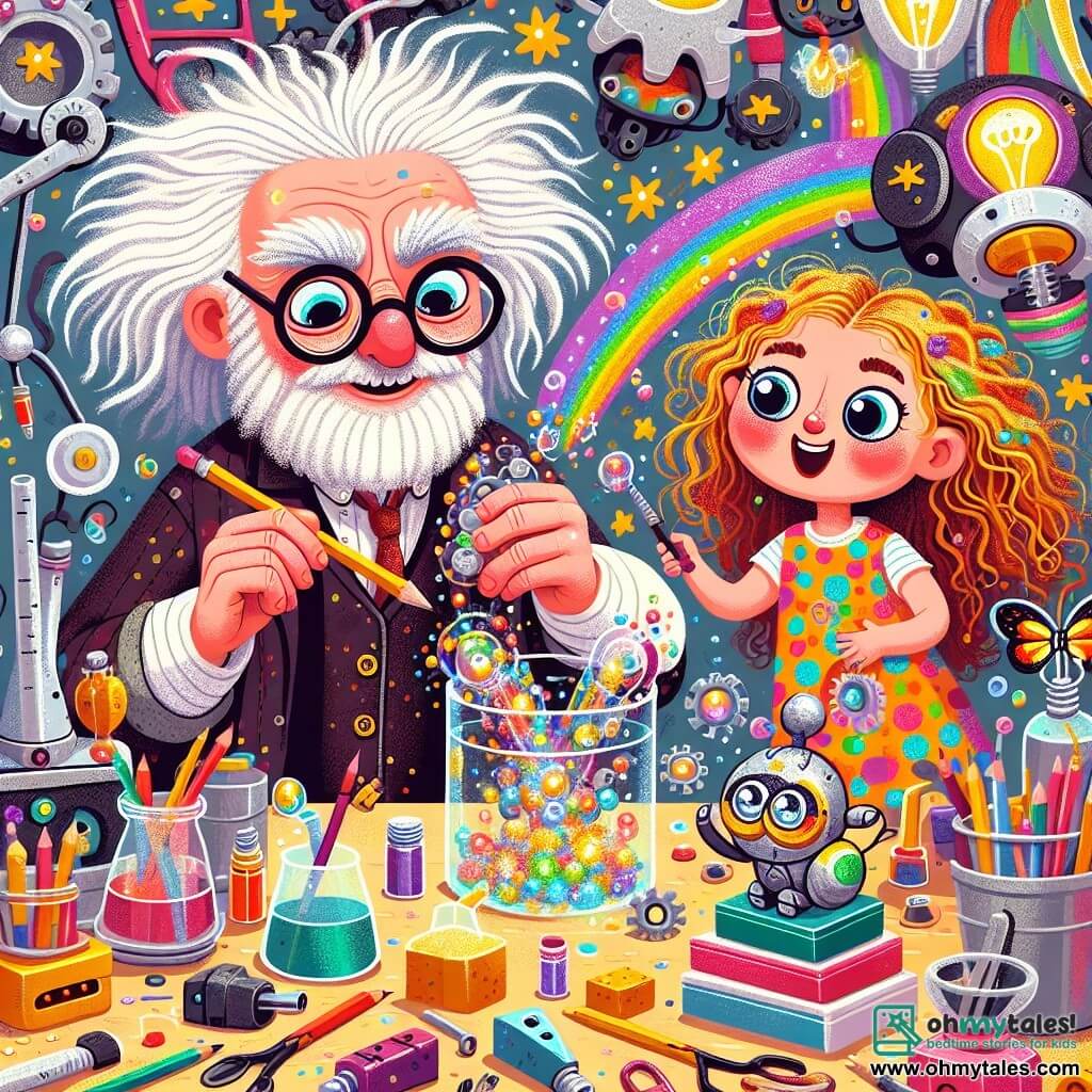 Une illustration sous forme de dessin destinée aux enfants représentant un atelier d'inventeur coloré et chaotique, avec des outils étincelants et des machines bourdonnantes, où un homme aux cheveux blancs en désordre et aux lunettes rondes, souriant et concentré, travaille sur un petit robot en forme d'oiseau, tandis qu'une petite fille aux yeux pétillants et aux cheveux bouclés, vêtue d'une robe colorée, observe avec émerveillement et tient un crayon à la main, alors qu'ensemble, ils créent un nouvel objet magique qui peint des arcs-en-ciel.
