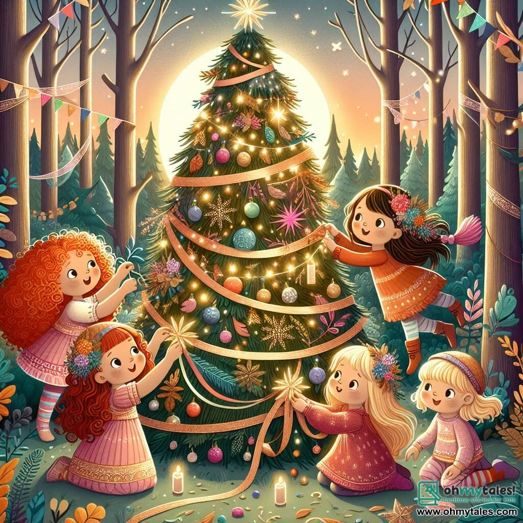 Une illustration sous forme de dessin destinée aux enfants représentant une scène magique dans la forêt colorée de l'Arbre de Nouvel An, où un groupe de quatre enfants de trois ans, deux filles aux cheveux bouclés et roux et une fille aux cheveux bruns et une fille aux cheveux blonds, sont joyeusement en train de décorer un grand arbre scintillant aux feuilles multicolores avec des pierres brillantes, des rubans colorés et des plumes scintillantes, tandis qu'un doux soleil couchant illumine la scène, créant une ambiance festive et chaleureuse.