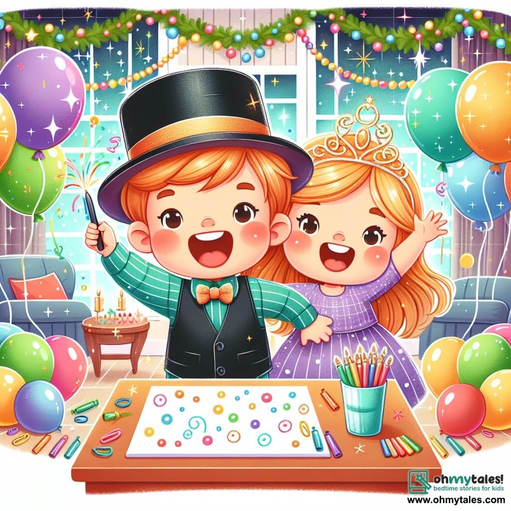 Une illustration destinée aux enfants représentant un petit garçon joyeux lors d'une fête du nouvel an, accompagné de son amie Lily, dans une maison décorée de ballons colorés et de guirlandes scintillantes.