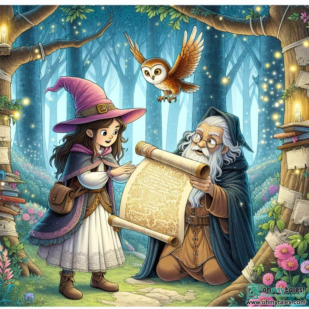 Une illustration destinée aux enfants représentant une jeune sorcière aux cheveux sombres, découvrant un mystérieux parchemin avec l'aide d'un vieux hibou sage, dans la forêt enchantée de l'Etheria où les arbres chuchotent des incantations anciennes et les fleurs brillent d'une lueur éthérée.
