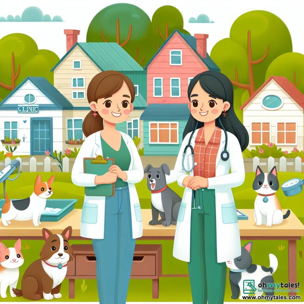 Une illustration destinée aux enfants représentant une jeune femme passionnée par les animaux, travaillant comme vétérinaire dans une clinique chaleureuse et accueillante, entourée de ses animaux patients et de son fidèle assistant, dans la charmante petite ville de Green Valley, avec ses maisons colorées et ses arbres verdoyants.