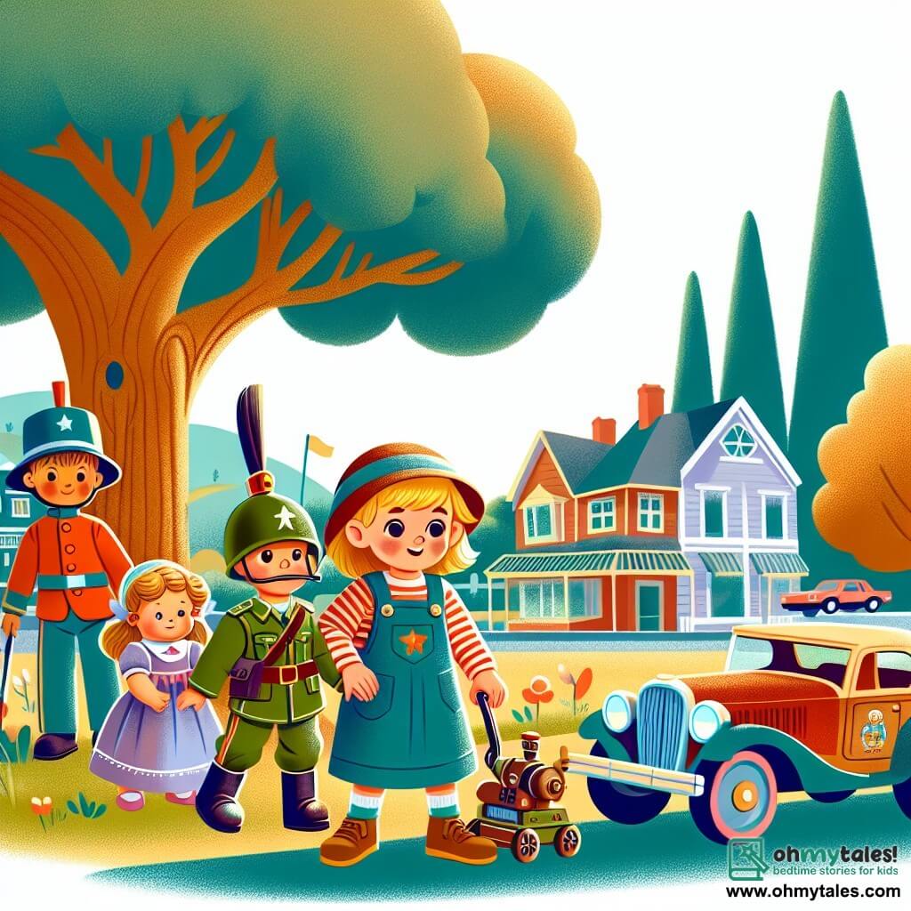 Une illustration destinée aux enfants représentant une petite fille curieuse et aventureuse, accompagnée de ses amis, un soldat en jouet courageux, une poupée astucieuse et une voiture miniature espiègle, explorant un parc ensoleillé avec un vieux chêne majestueux au fond, dans une ville chaleureuse appelée Sunnyvale.