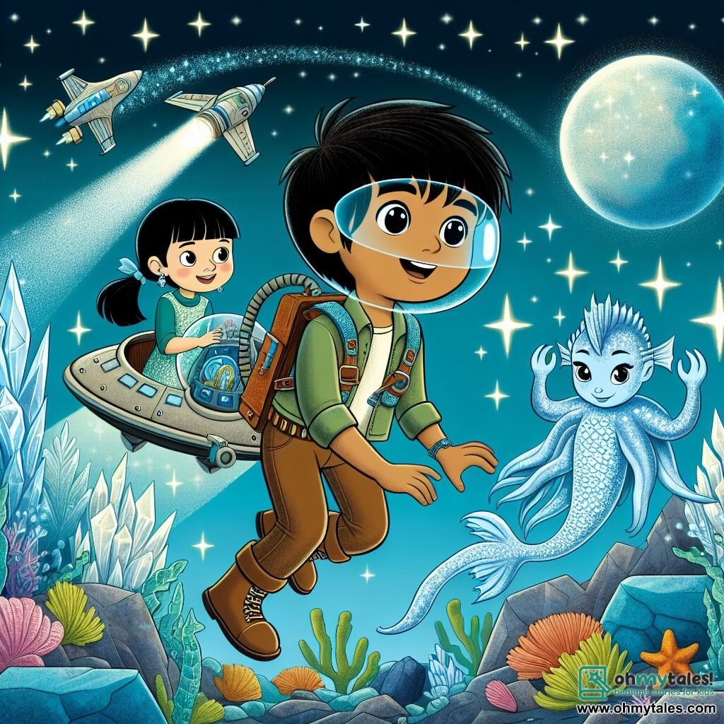 Une illustration destinée aux enfants représentant un courageux explorateur, un garçon, naviguant à travers les étoiles à bord de son vaisseau spatial, accompagné d'une mystérieuse créature marine, une fille, dans les profondeurs cristallines de la planète Aqua Prime, où les océans scintillent comme des joyaux.