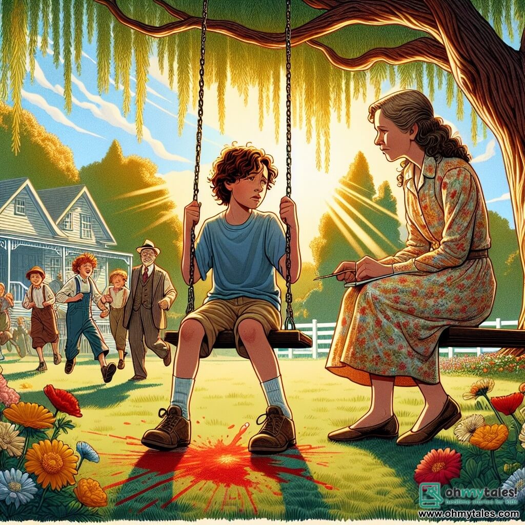An illustration depicts a scene in the sunny Willow Creek park, where tall trees with vibrant green leaves rise majestically and colorful flowers dot the ground. In the center, an 11-year-old boy with curly brown hair, wearing a blue t-shirt and beige shorts, sits on a swing looking pensive and worried, gripping the swing's ropes. Next to him, an 11-year-old girl with long blonde hair, dressed in a floral dress, gazes at the boy with an encouraging expression, holding a sketchbook in her hands. In the background, a group of children plays joyfully, while an elderly man sits on a bench, watching them with a kind smile. The main situation shows the boy struggling with guilt after lying to his friend, while sunlight filters through the branches, creating a warm and comforting atmosphere. Red paint splatters are visible on the ground, reminding of the incident that triggered this reflection on honesty.