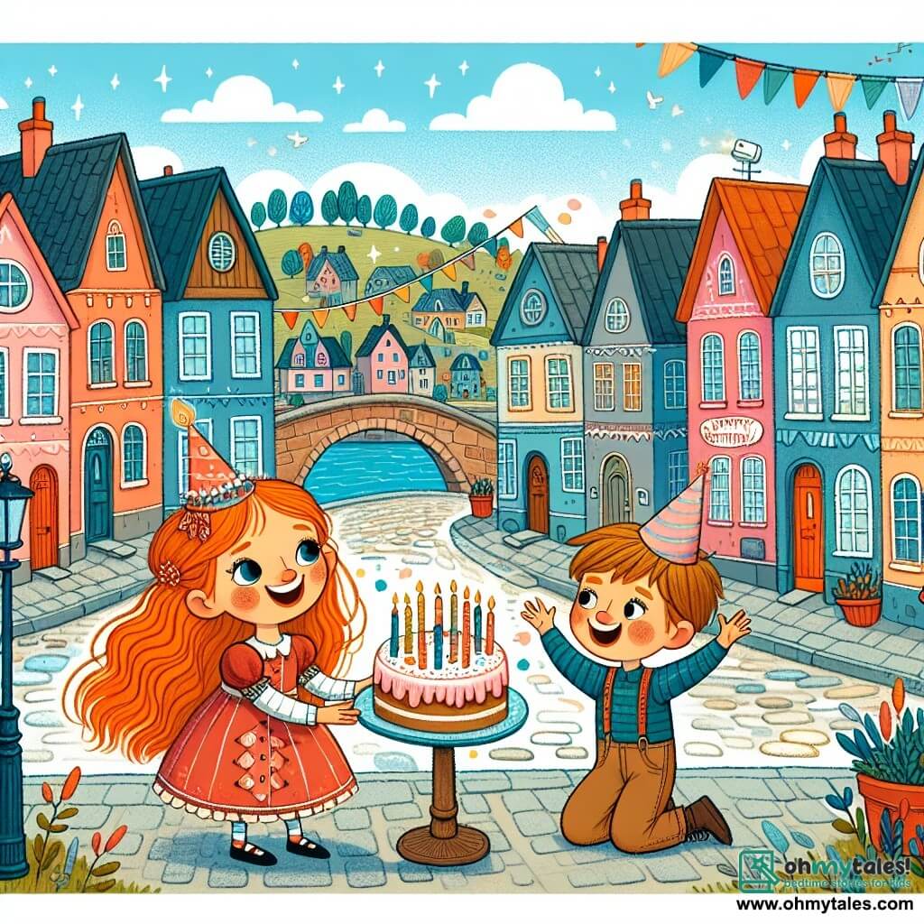 Une illustration destinée aux enfants représentant une fillette aux boucles rousses, fêtant son anniversaire avec son frère, dans une petite ville appelée Willow Creek où les maisons colorées bordent une rue pavée, sous un ciel bleu éclatant.